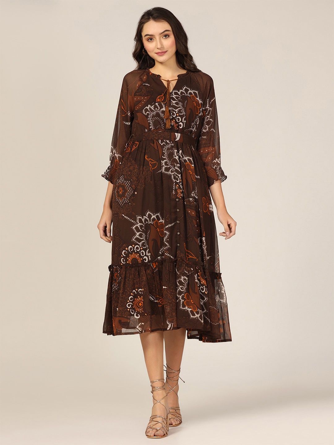 

Mustard Floral Print Bell Sleeve Chiffon A-Line Midi Dress, Brown