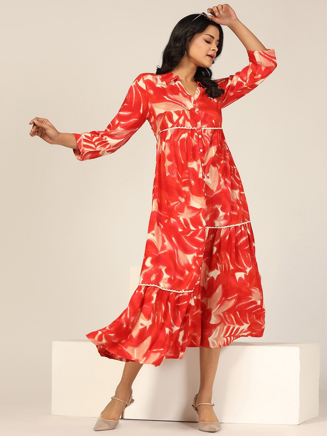 

Mustard Floral Print A-Line Midi Dress, Orange