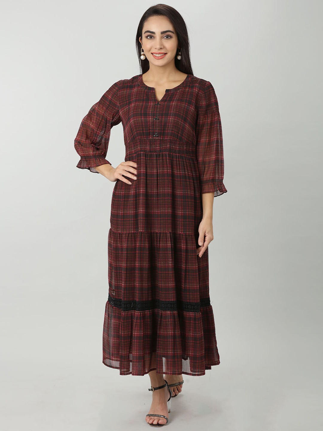 

Mustard Checked Georgette Maxi Dress, Brown