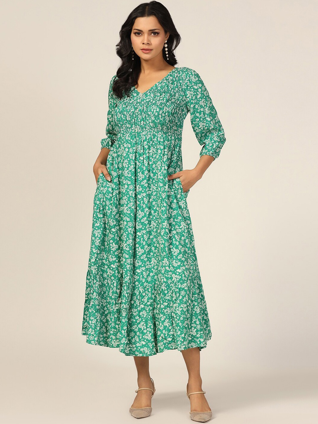 

Mustard Floral Printed V-Neck Fit & Flare Midi Dress, Green
