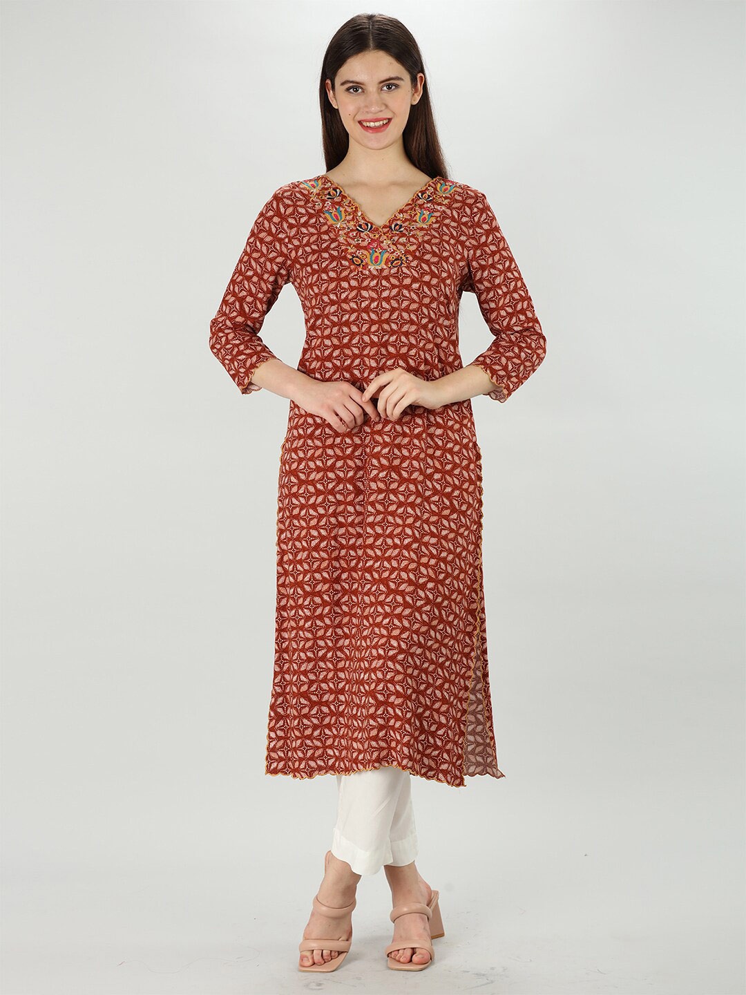 

Mustard Embroidered Straight Kurta, Rust