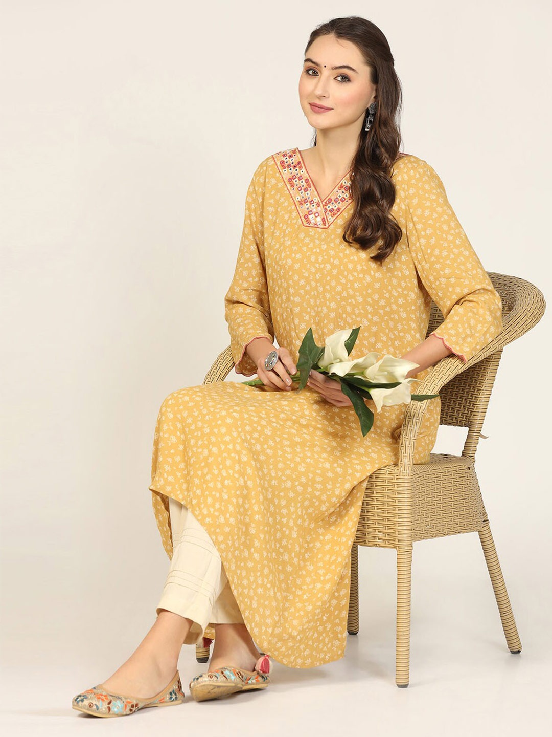 

Mustard Floral Printed V-Neck Asymmetric Kurta