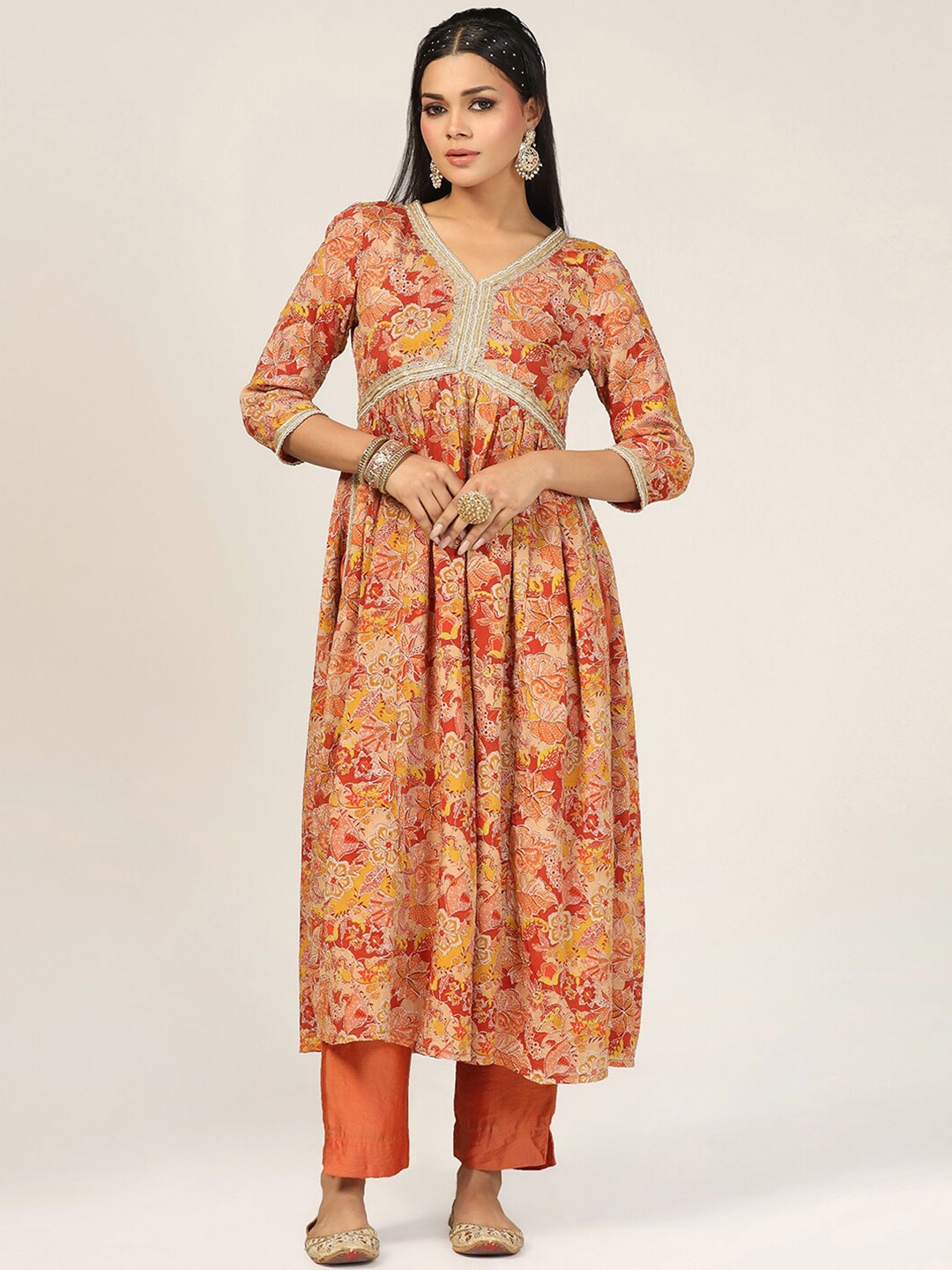 

Mustard Ethnic Motifs Printed V-Neck Gotta Patti Anarkali Kurta, Rust