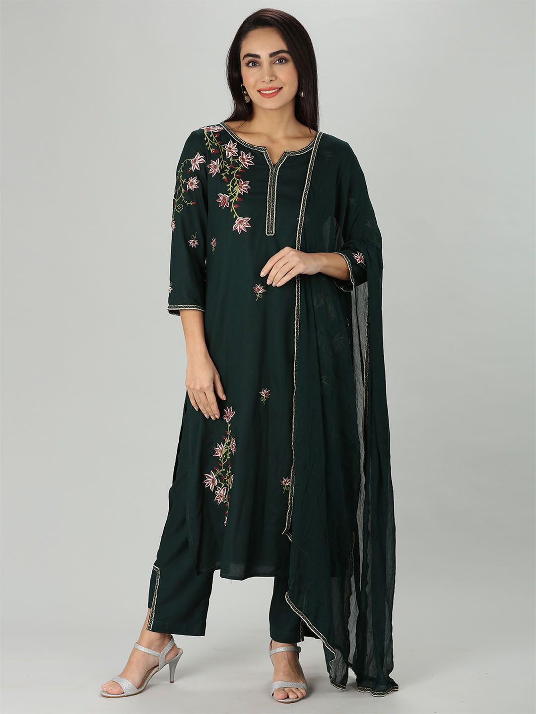 

Mustard Embroidered Notched Neck Straight Kurta With Trouser & Dupatta, Green