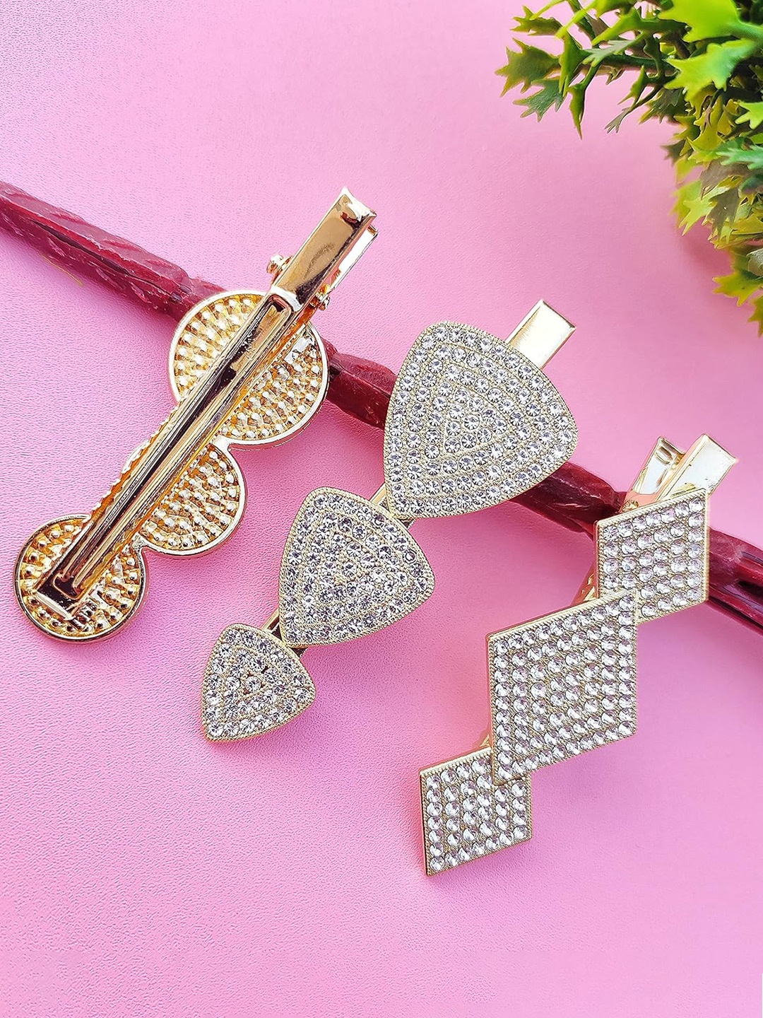 

ANNA CREATIONS Women Set of 3 Embellished Alligator Hair Clip, Gold