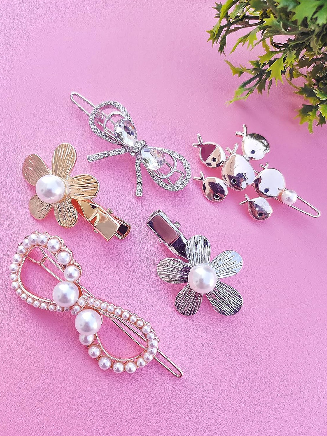 

ANNA CREATIONS Women Set of 3 Embellished Alligator Hair Clip, Gold