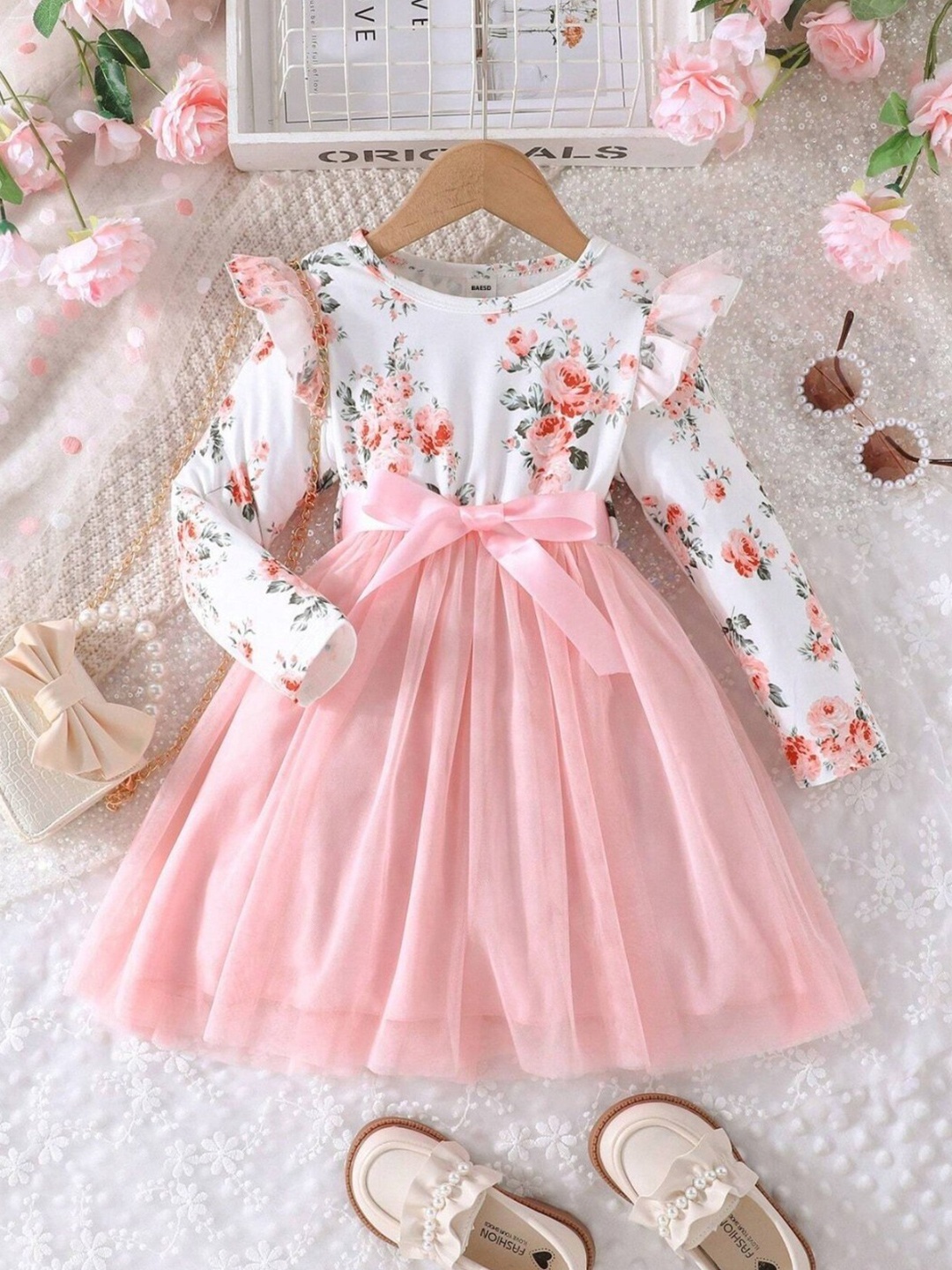 

BAESD Girls Floral Printed Round Neck Long Sleeves Net Fit & Flare Dress, Peach