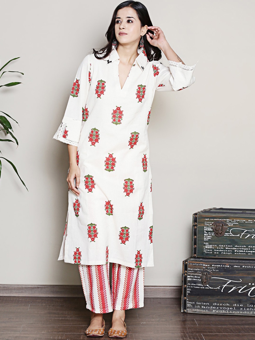 

Spring Soul Shirt Collar Floral Printed Mirror Work Kurta, Off white