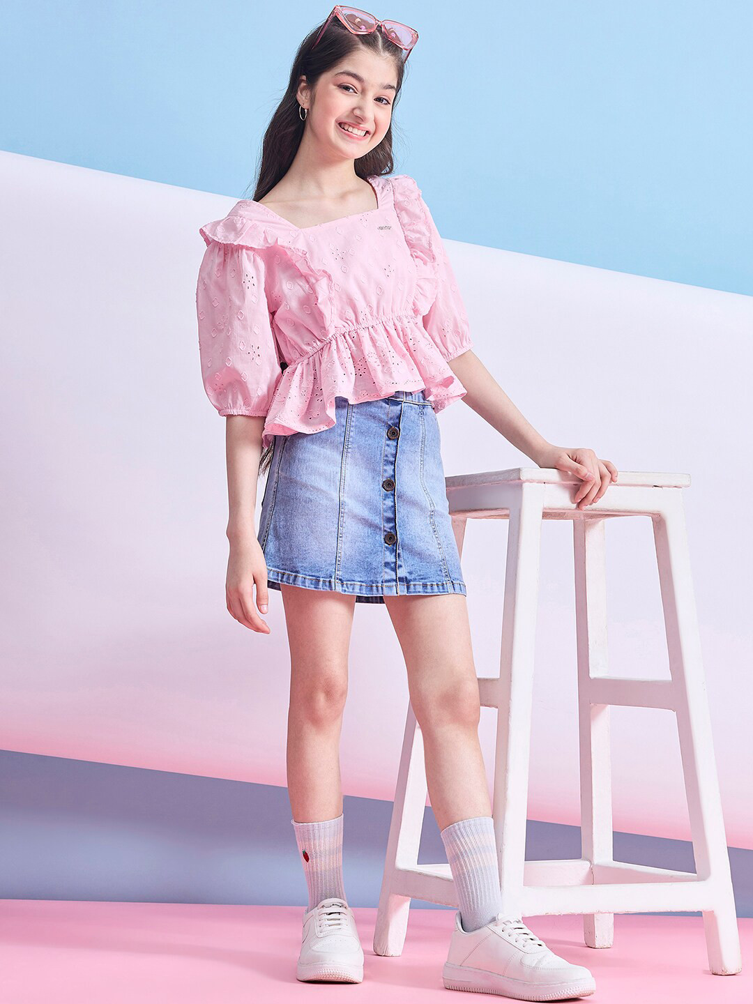 

Stylo Bug Girls Self Design Puff Sleeve Ruffled Pure Cotton Cinched Waist Top, Pink