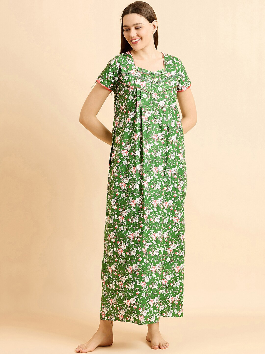 

Sweet Dreams Green Pure Cotton Printed Maxi Nightdress