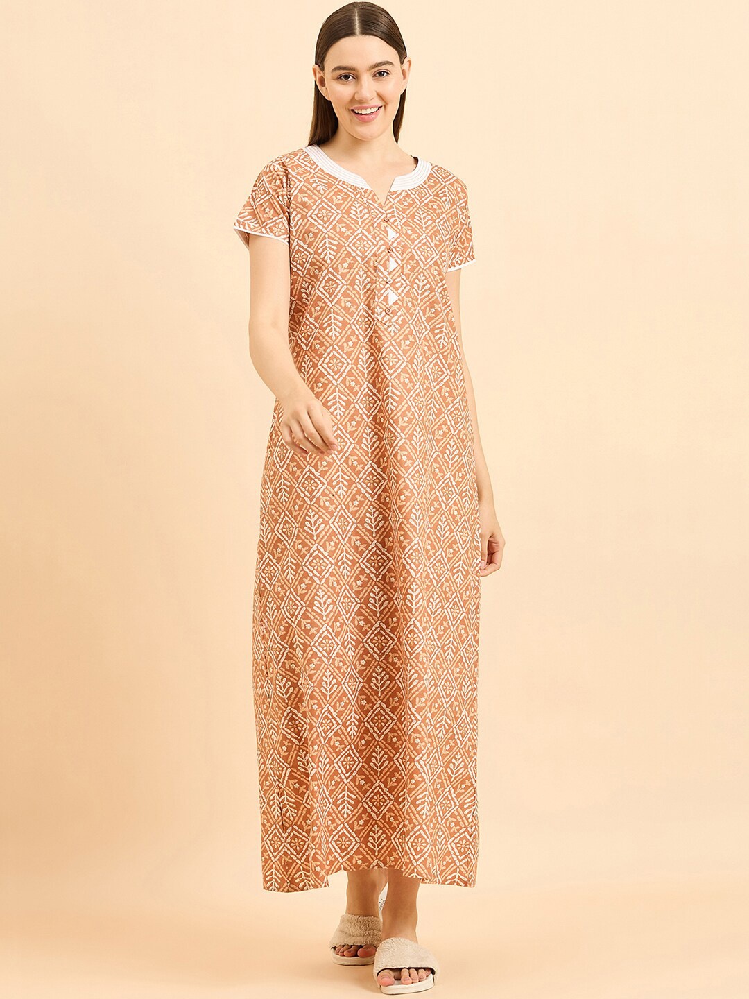 

Sweet Dreams Beige Ethnic Motifs Printed Pure Cotton Maxi Nightdress