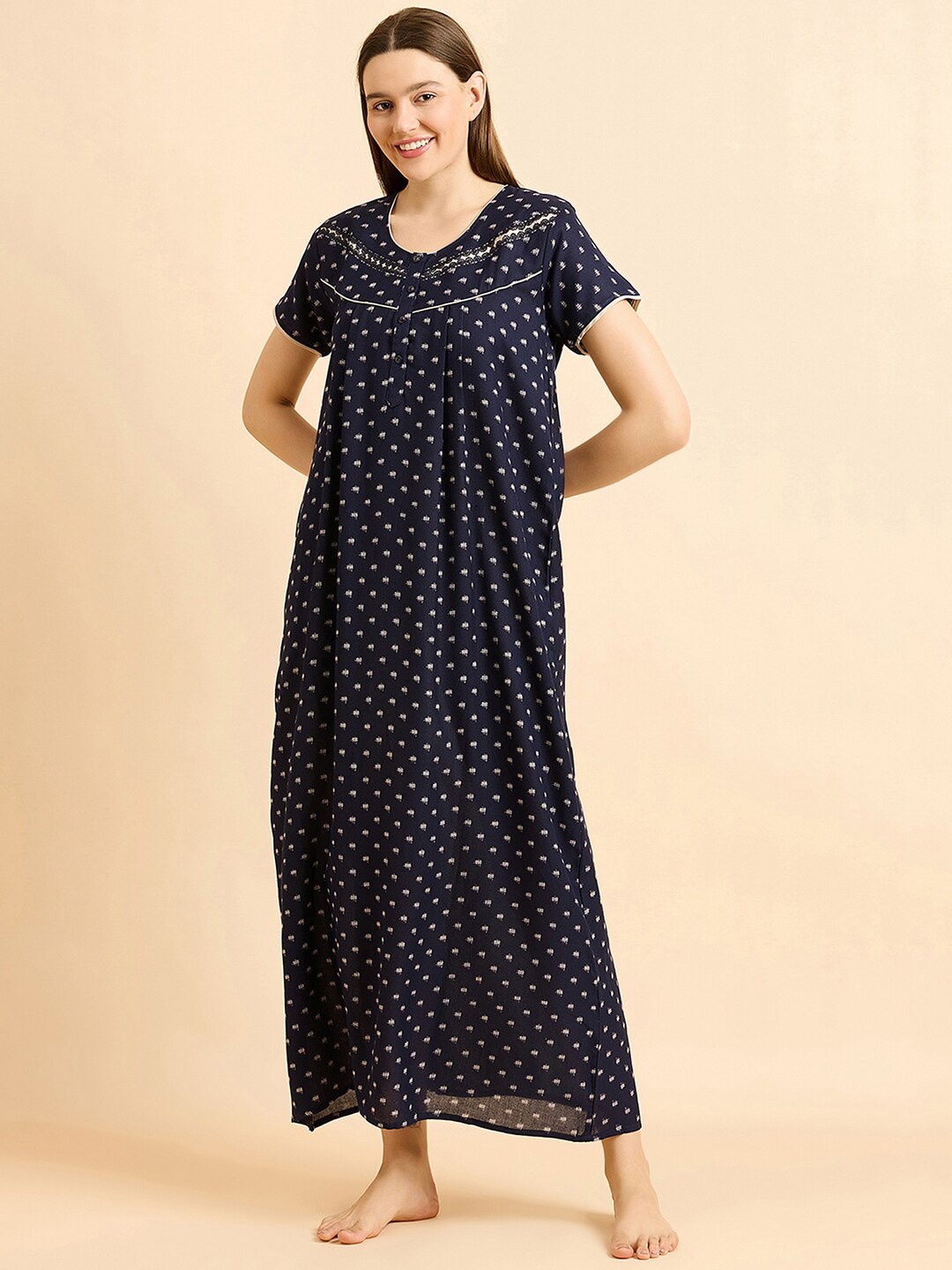 

Sweet Dreams Navy Blue Geometric Printed Maxi Nightdress