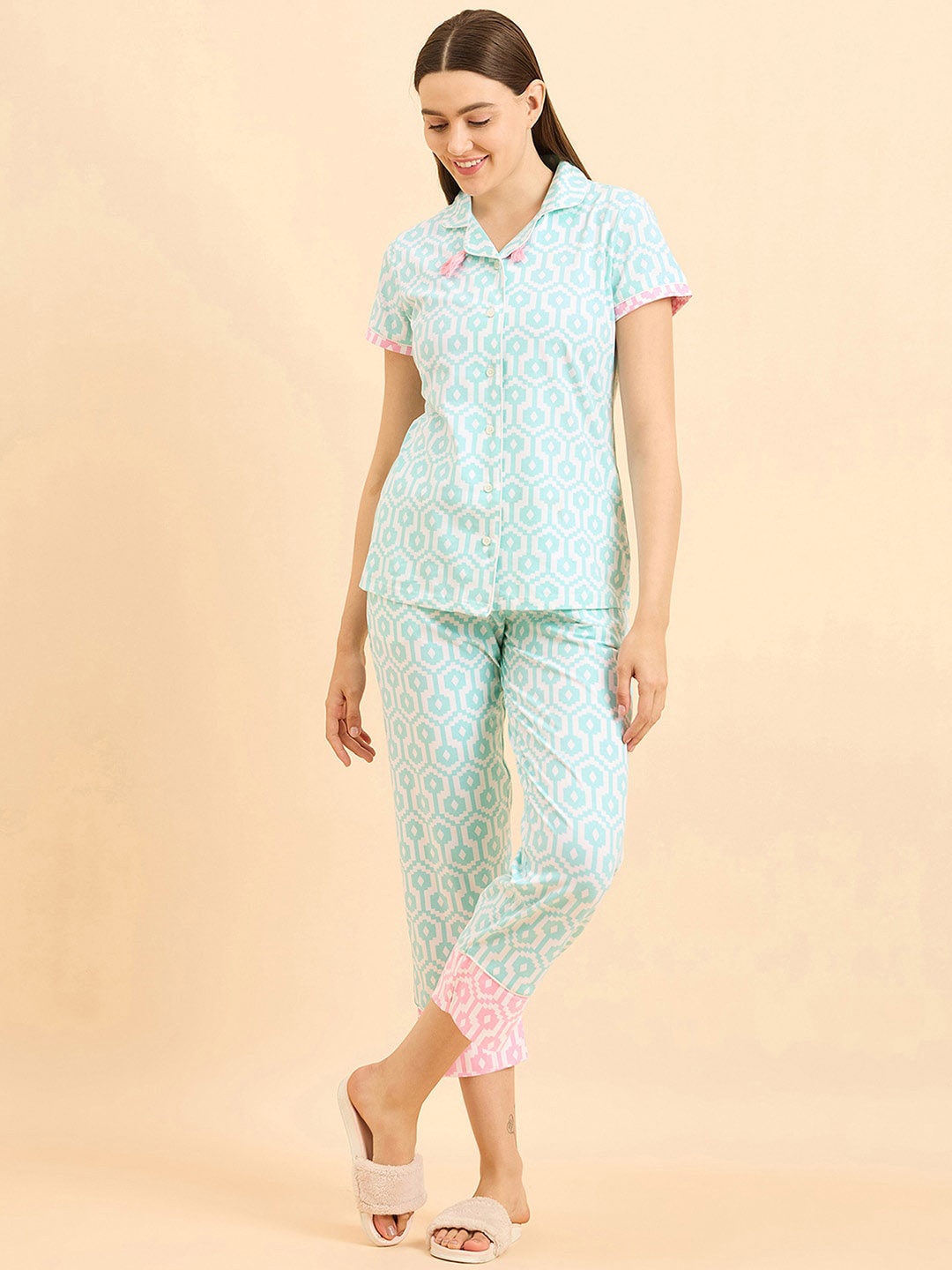 

Sweet Dreams Geometric Printed Lapel Collar Night suit, Turquoise blue