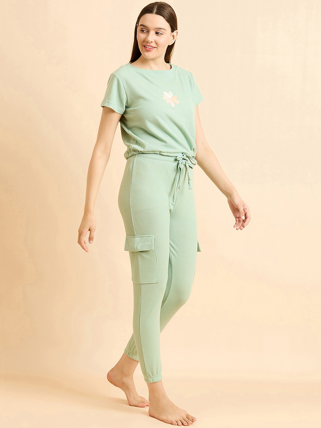 

Sweet Dreams Green Ribbed Round Neck Night suit