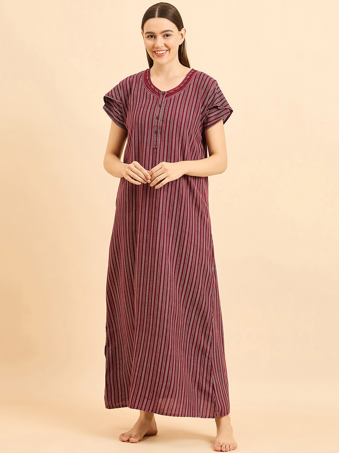 

Sweet Dreams Maroon Striped Maxi Nightdress