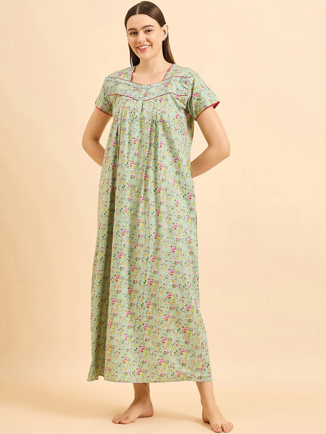

Sweet Dreams Green Floral Printed Pure Cotton Maxi Nightdress