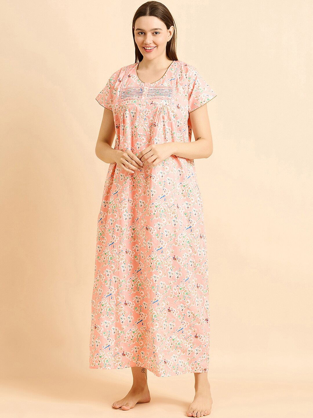 

Sweet Dreams Peach Coloured Pure Cotton Printed Maxi Nightdress