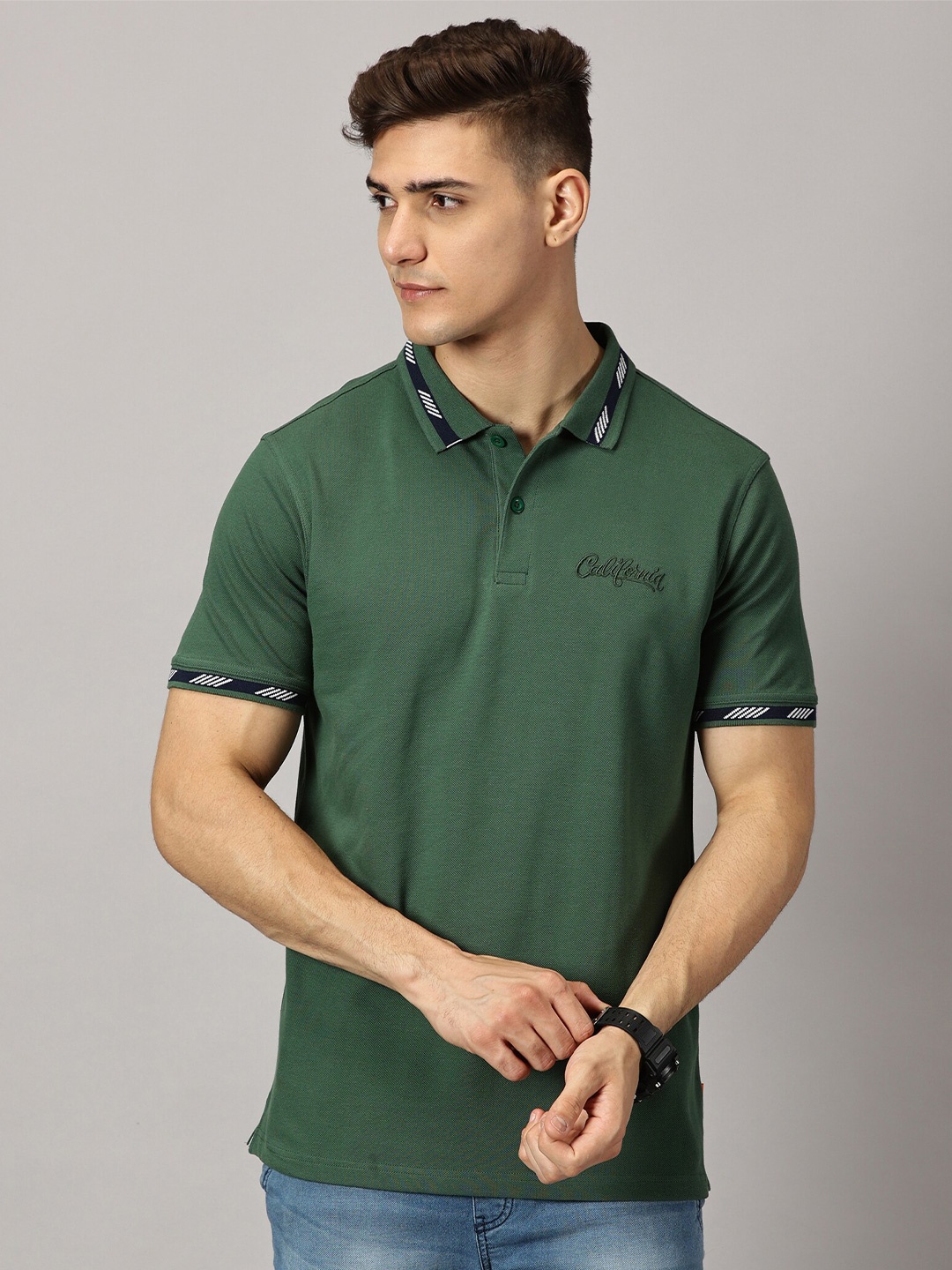 THE HOLLANDER Typography Polo Collar Cotton T-shirt, Green