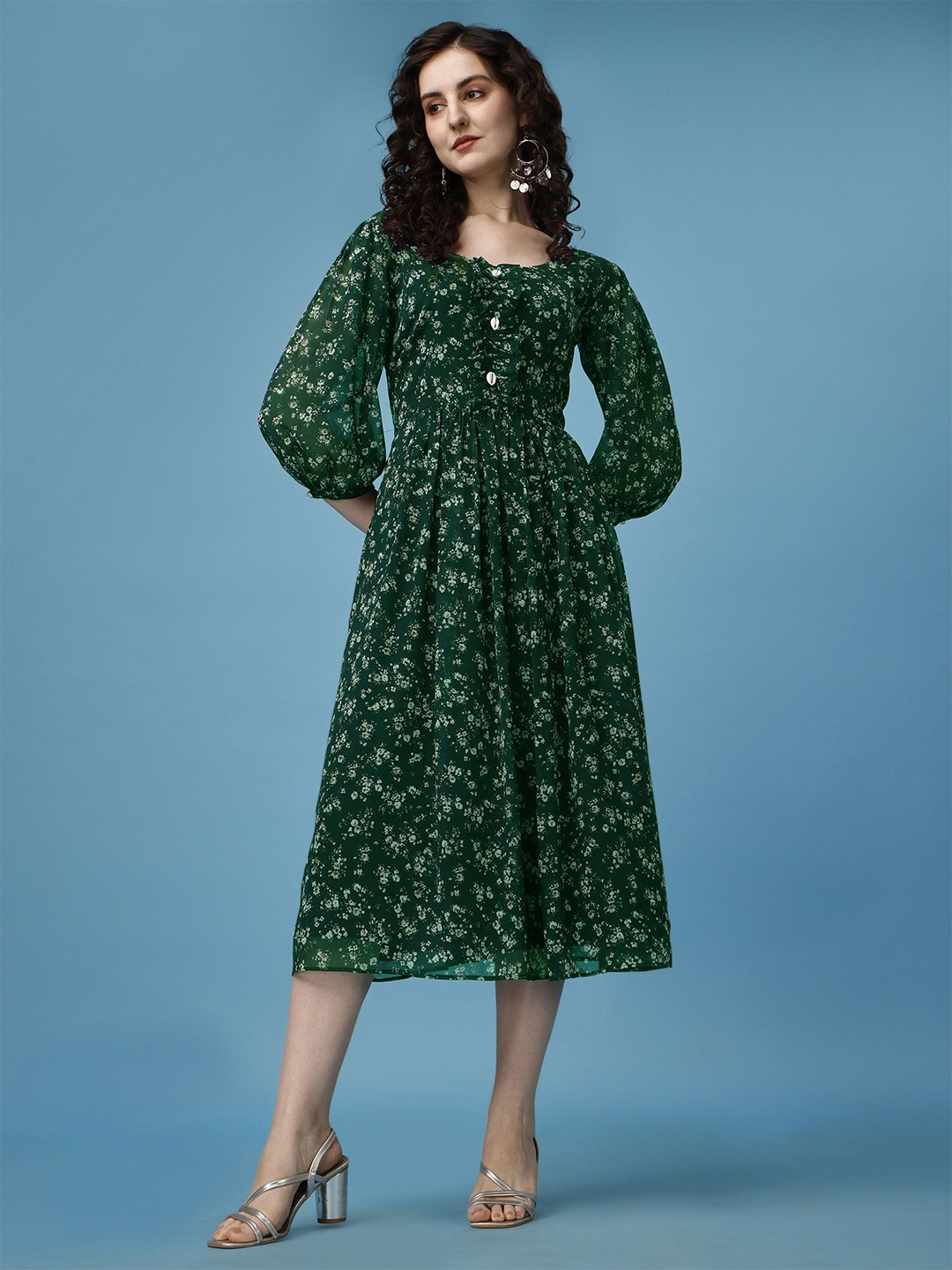 

KALINI Floral Printed Puff Sleeves Georgette Fit & Flare Midi Dress, Green