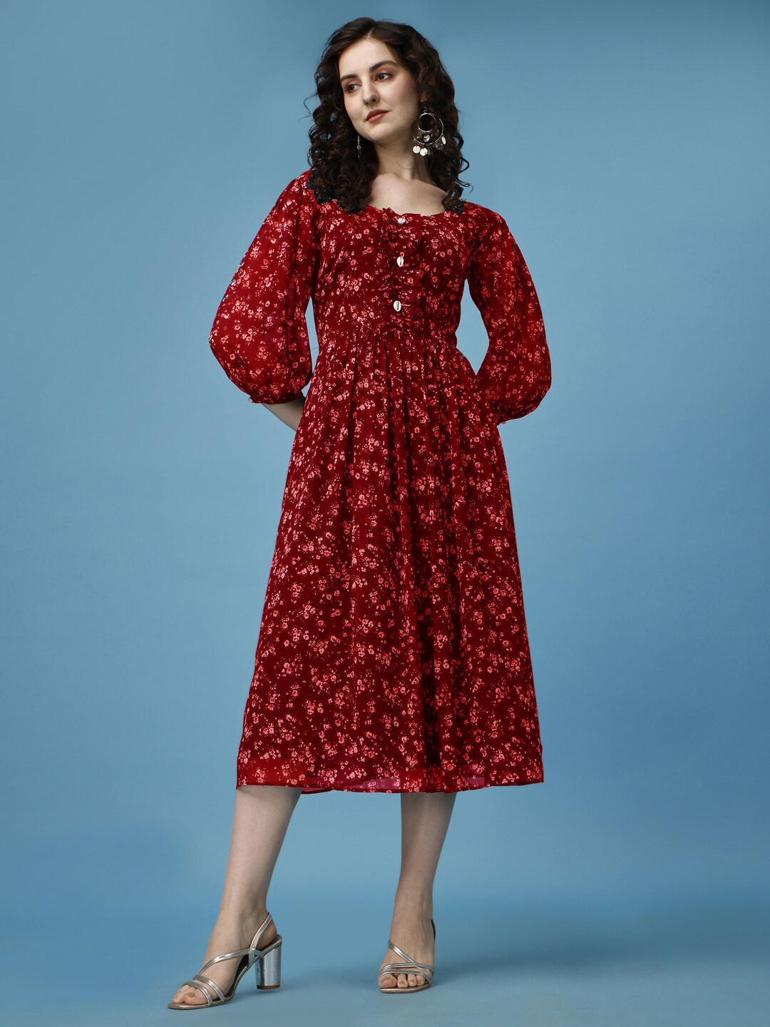 KALINI Floral Print Puff Sleeves Georgette Fit & Flare Midi Dress, Red
