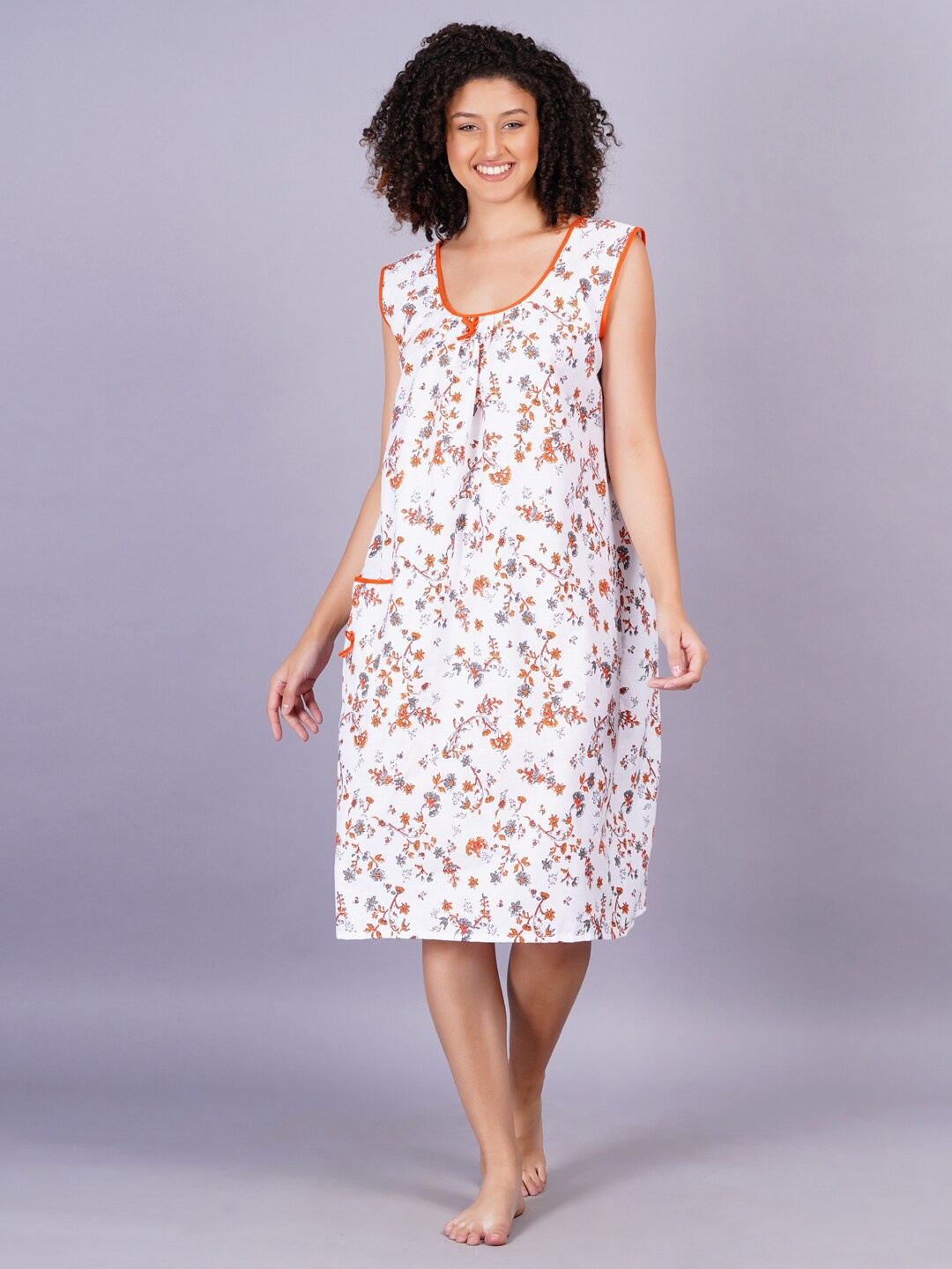 

Breezly Floral Printed Sleeveless Pure Cotton Nightdress, Orange