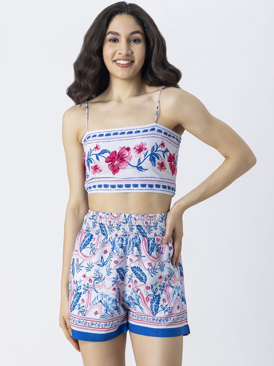 

Moomaya Floral Printed Shoulder Straps Top & Shrug With Shorts, White