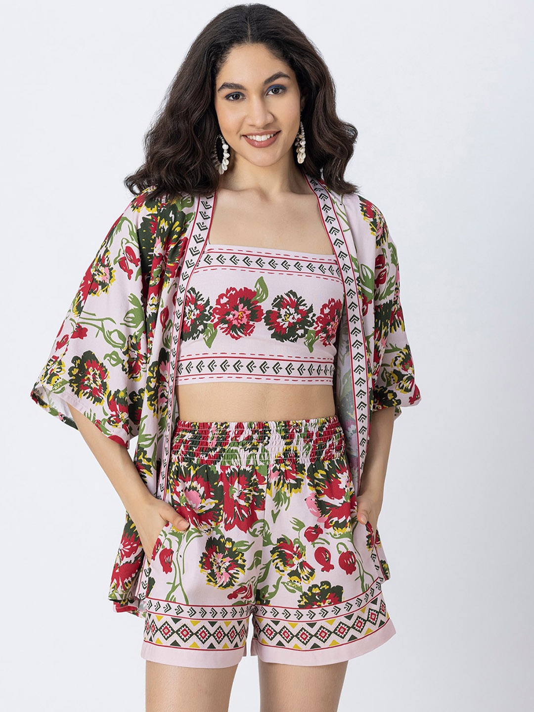 

Moomaya Floral Printed Shoulder Straps Top & Shrug With Shorts, Pink