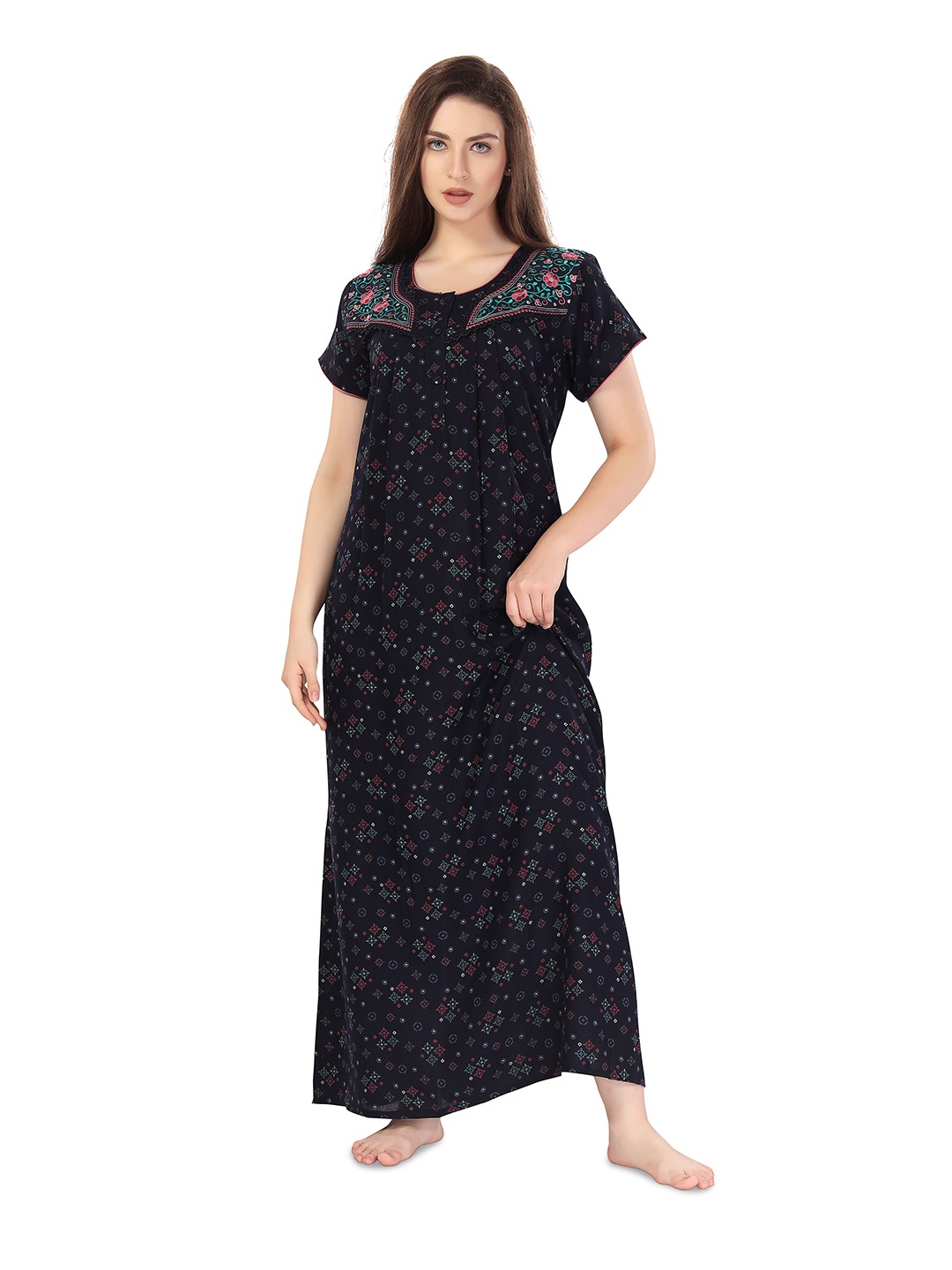 

Soulemo Geometric Printed Maxi Regular Nightdress, Navy blue