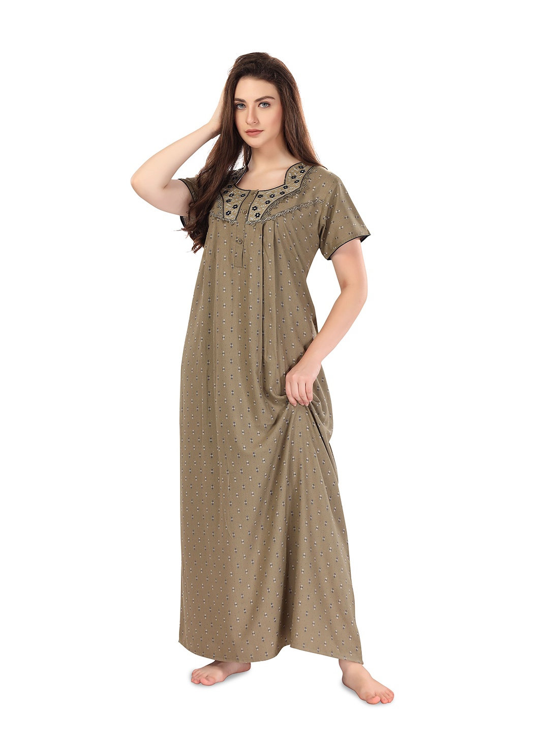 

Soulemo Geometric Printed Maxi Regular Nightdress, Lime green