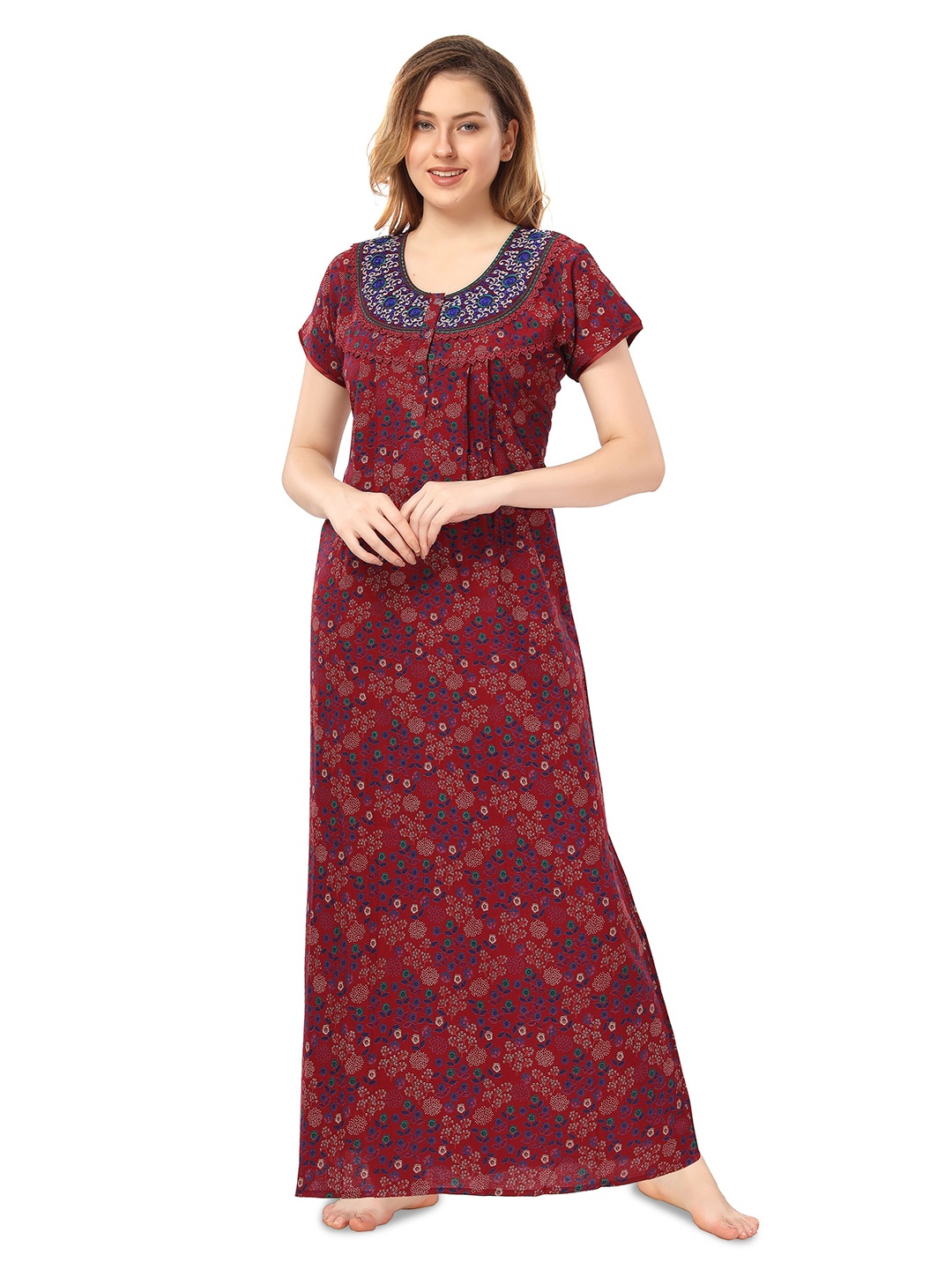 

Soulemo Floral Printed Maxi Regular Nightdress, Burgundy