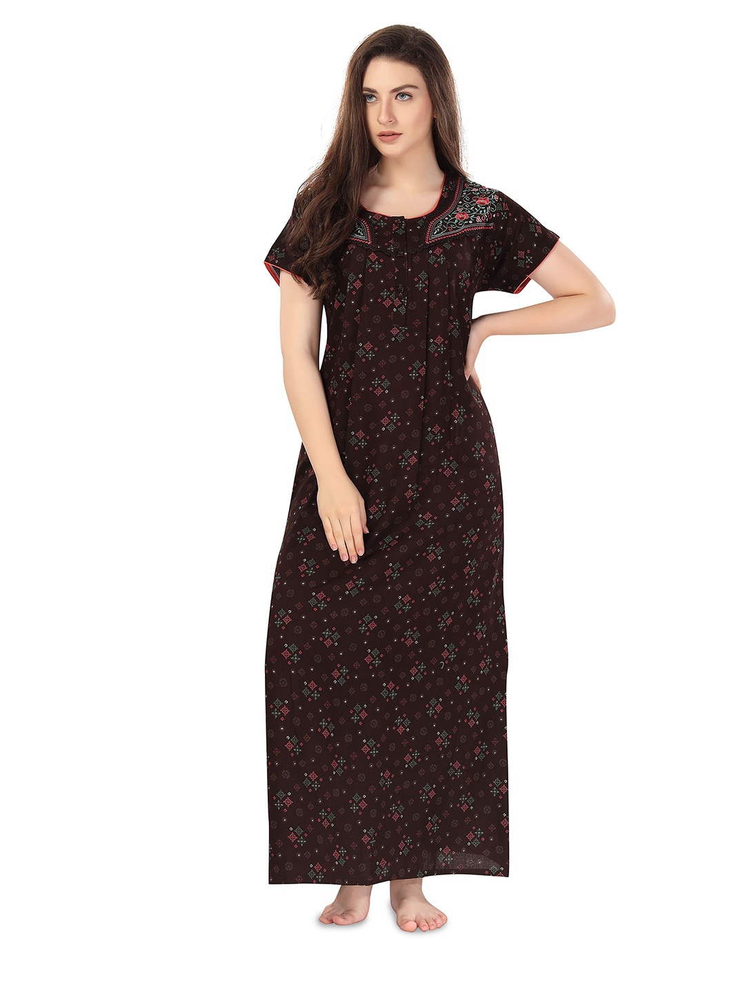 

Soulemo Geometric Printed Maxi Regular Nightdress, Burgundy