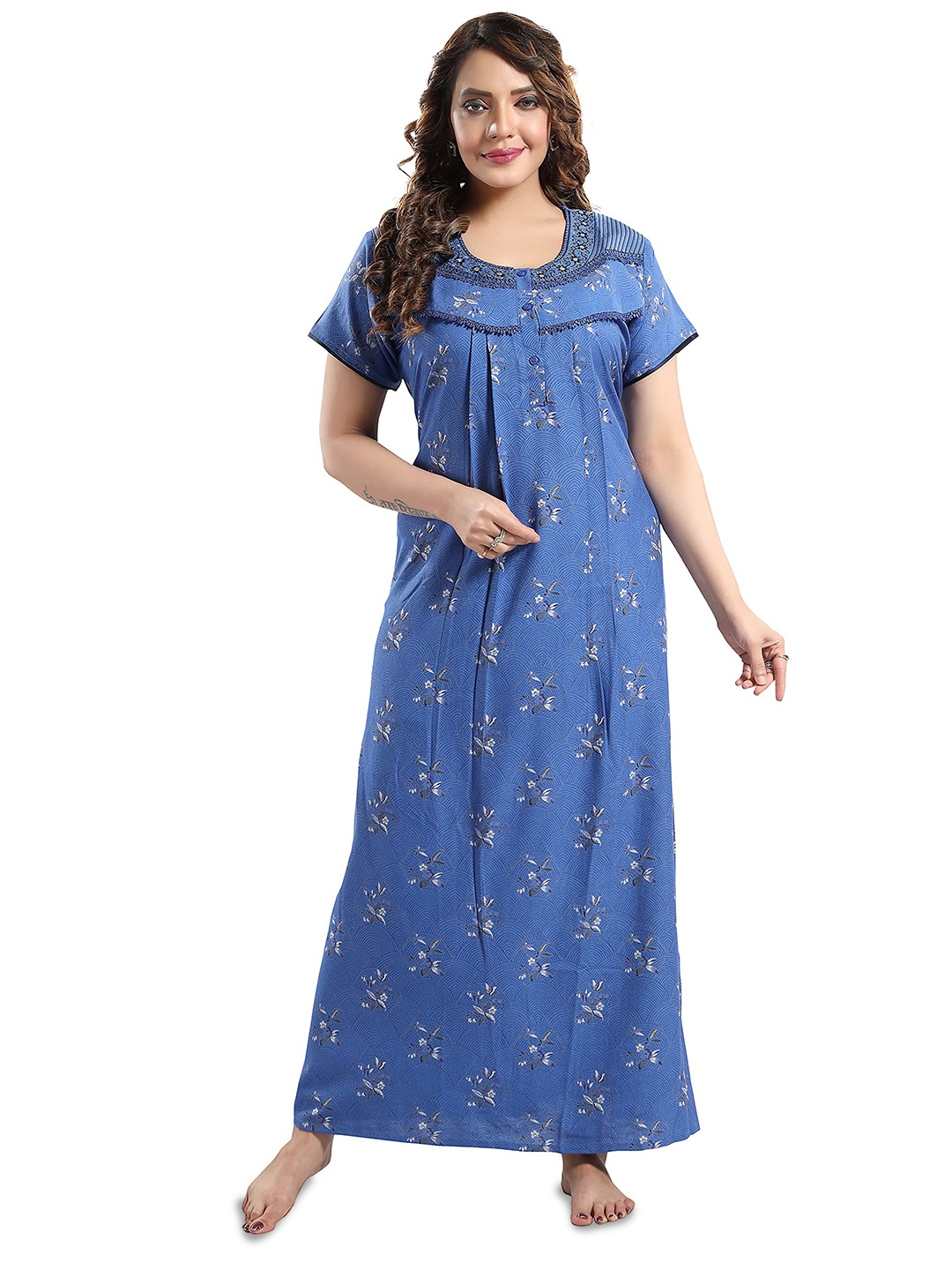 

Soulemo Floral Printed Maxi Regular Nightdress, Turquoise blue