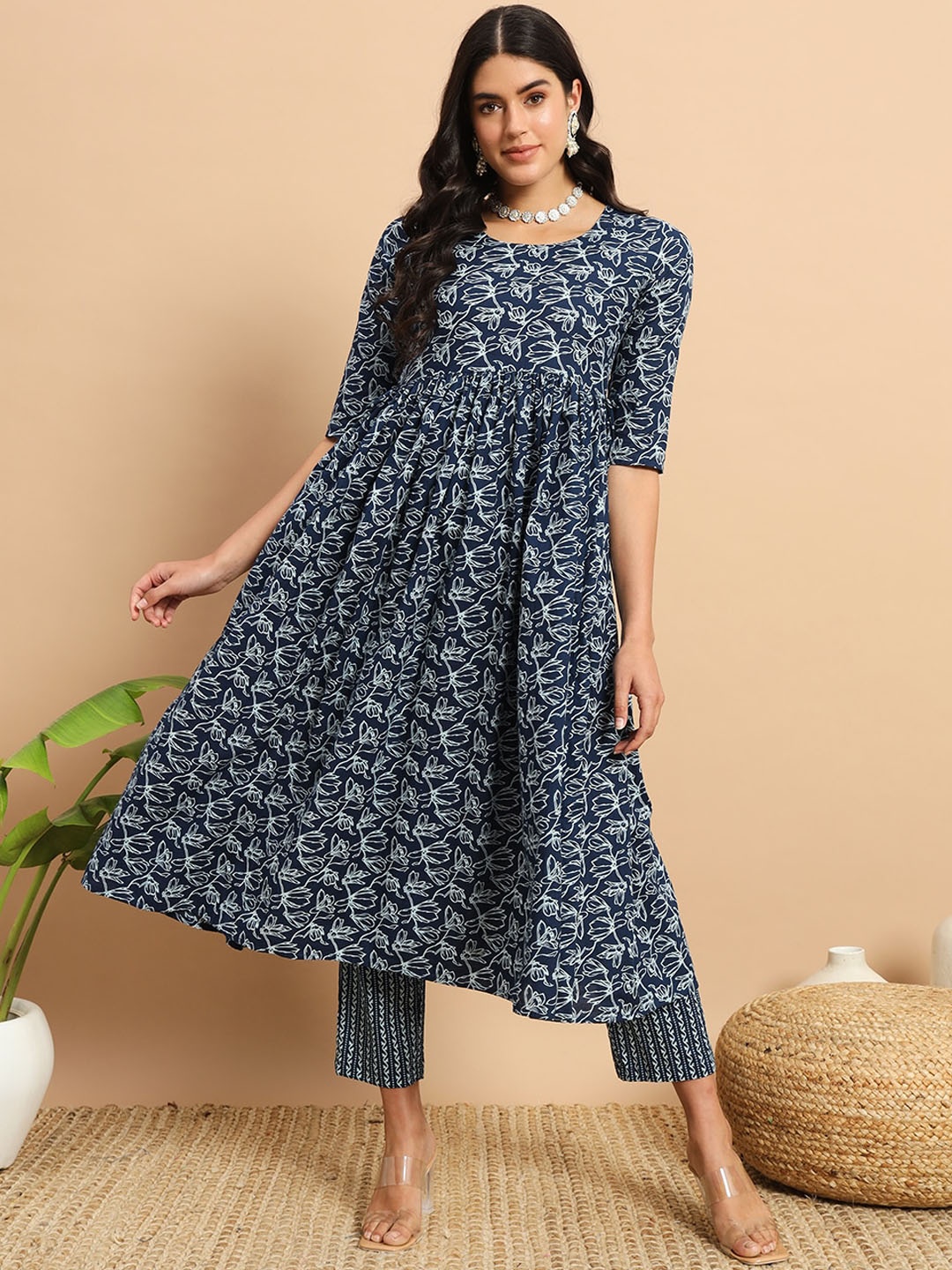 

Meeranshi Ethnic Motifs Printed Round Neck Pure Cotton A-Line Kurta with Trousers, Navy blue