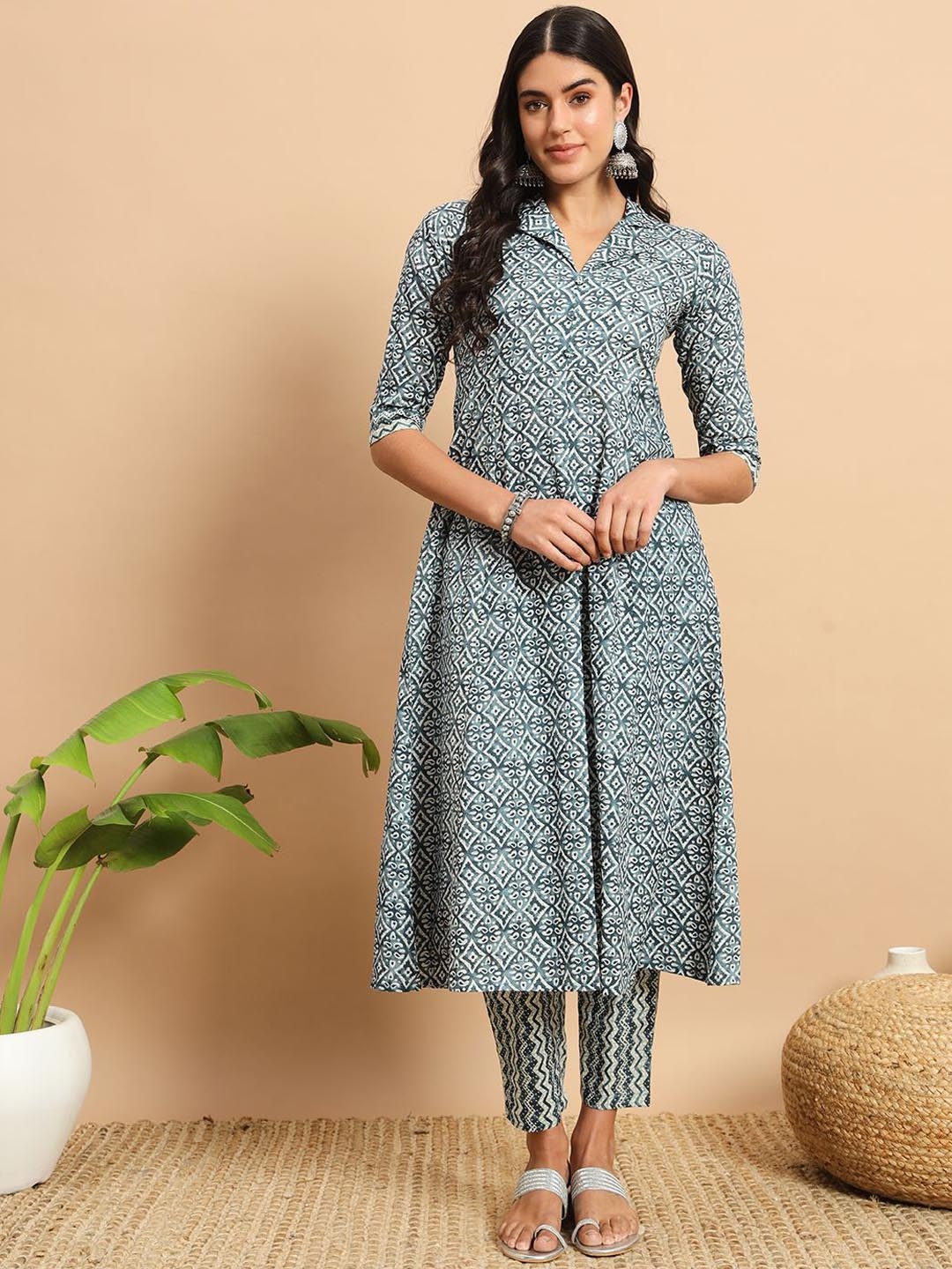 

Meeranshi Paisley Printed Shirt Collar Pure Cotton Anarkali Kurta with Trousers, Blue