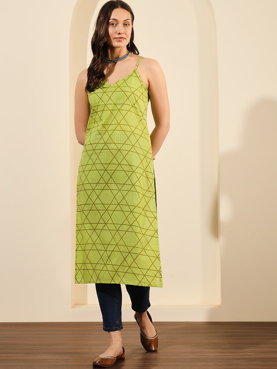 

Meeranshi Geometric Printed Shoulder Straps Straight Cotton A-Line Kurta, Green