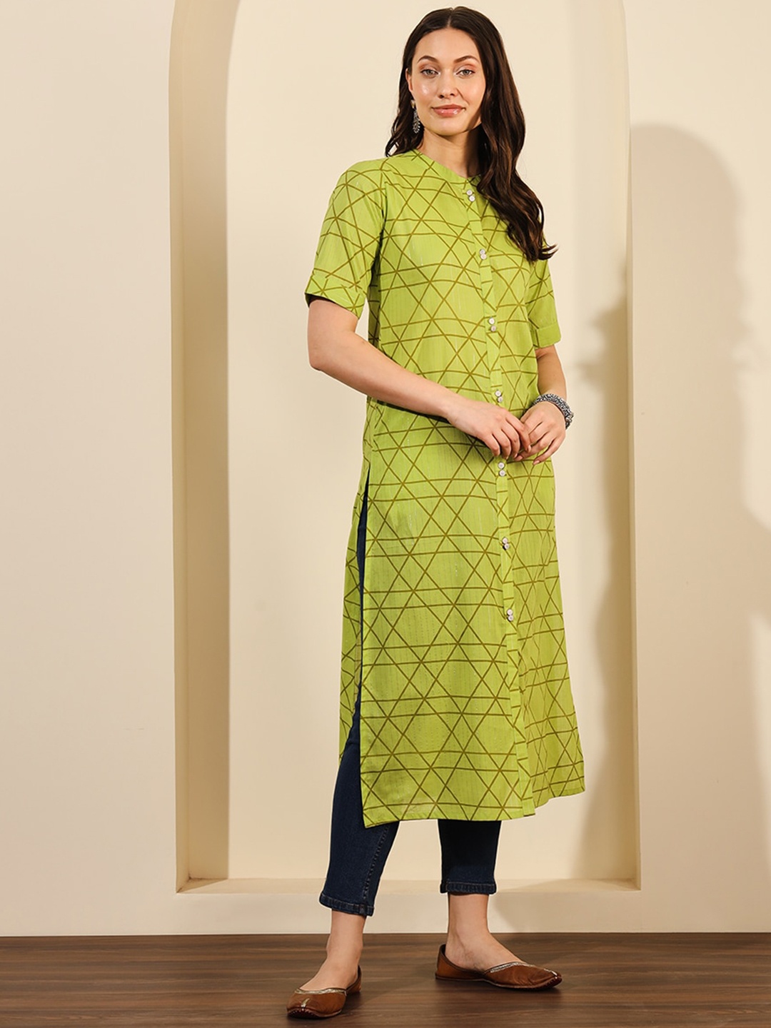 

Meeranshi Ethnic Motifs Printed Mandarin Collar Flared Thread Work Cotton A-Line Kurta, Green