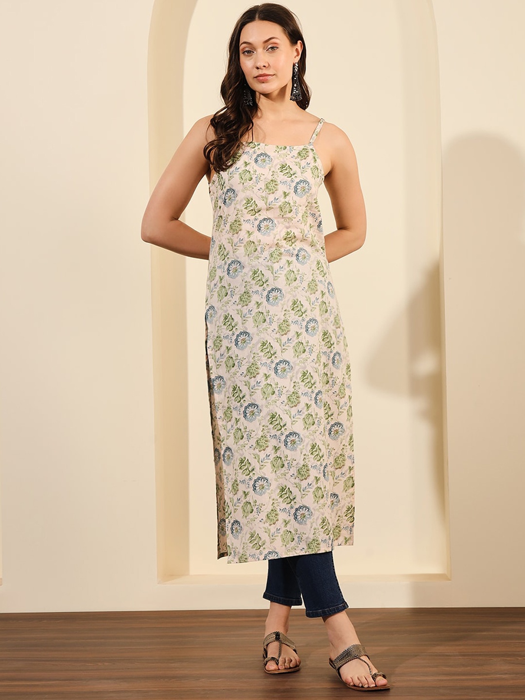 Meeranshi Floral Printed Shoulder Straps Cotton Straight Kurta, Off white