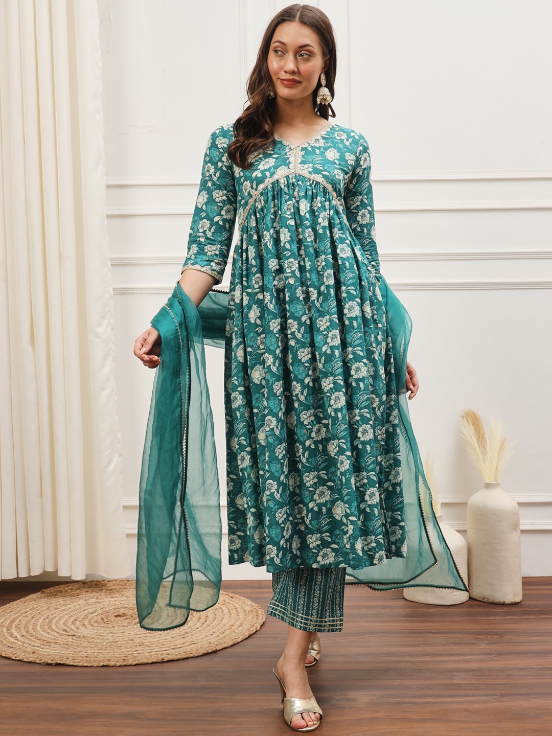 

Meeranshi Floral Printed V-Neck Empire Pure Cotton Kurta with Trousers & Dupatta, Teal