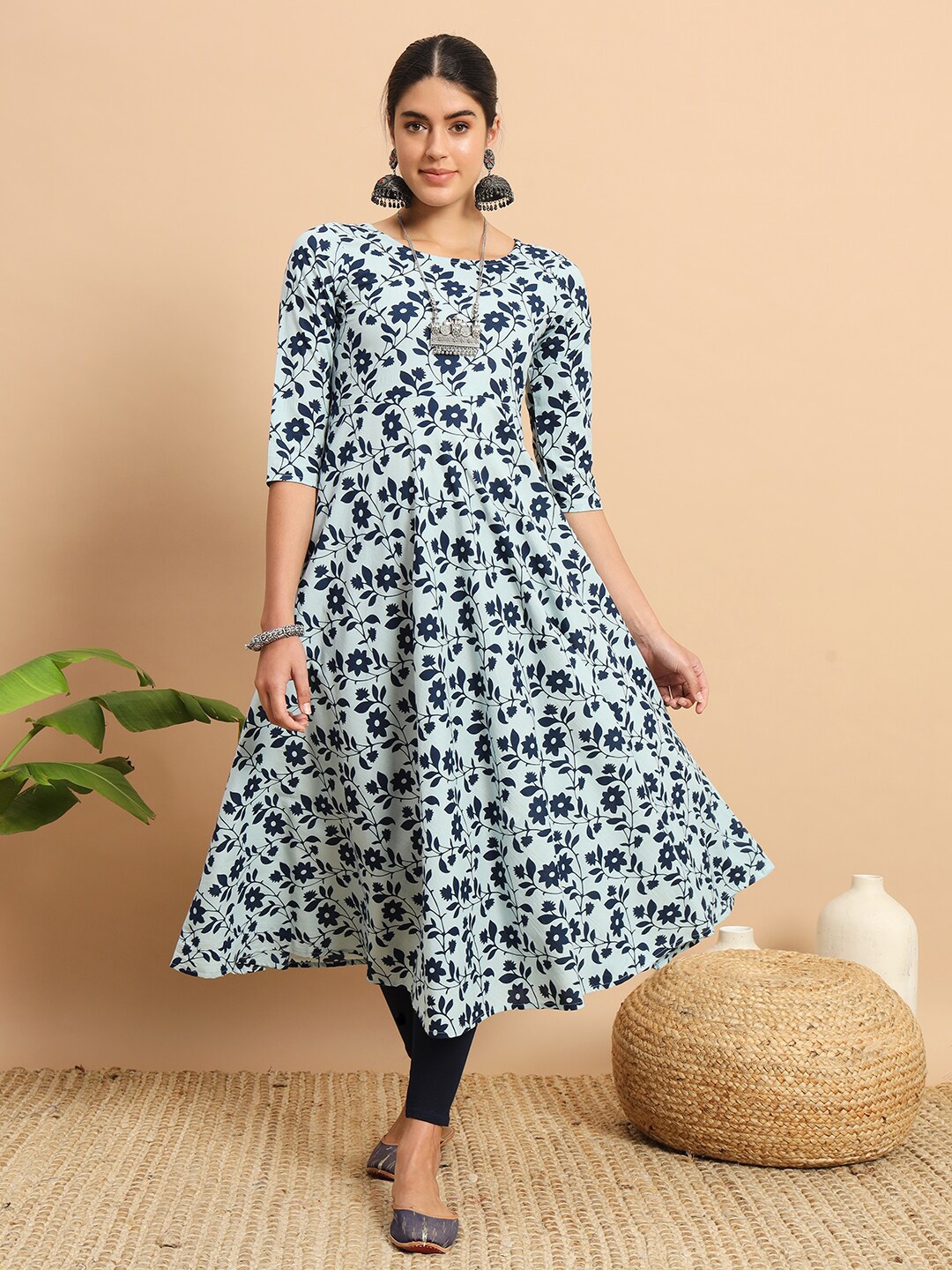 

Meeranshi Floral Printed Round Neck Three-Quarter Sleeves Midi Cotton Dress, Navy blue