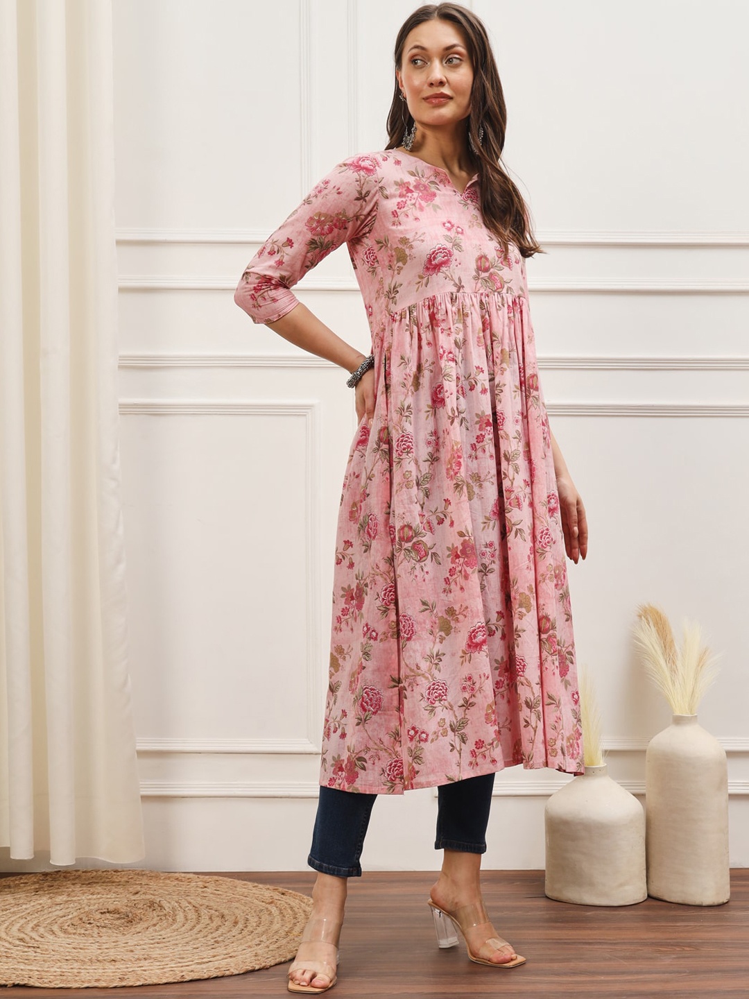 

Meeranshi Floral Printed Notch Neck Cotton High Slit A-Line Kurta, Pink