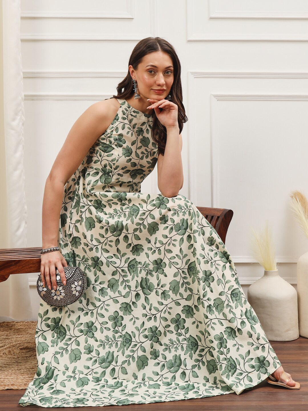 

Meeranshi Floral Printed Round Neck Sleeveless Fit & Flare Maxi Cotton Dress, Off white