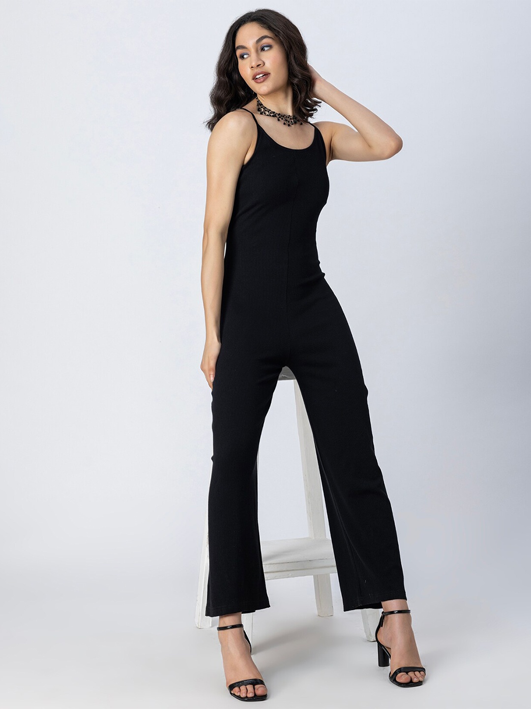 

Moomaya Ribbed Shoulder Straps Cotton Basic Jumpsuit, Black