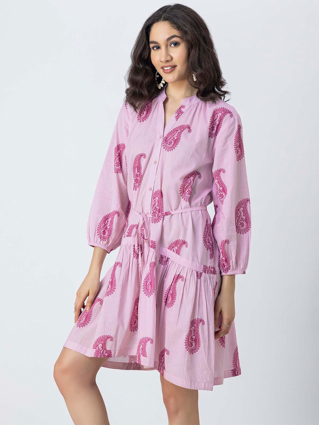 

Moomaya Floral Printed Mandarin Collar Puff Sleeve Fit & Flare Cotton Dress, Pink