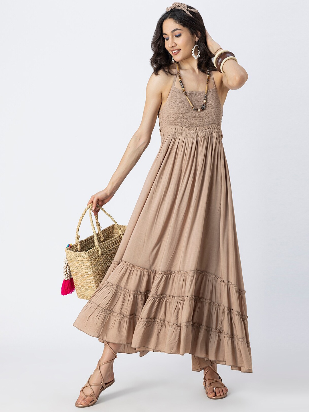 

Moomaya Shoulder Straps Sleeveless Maxi Fit & Flare Dress, Beige