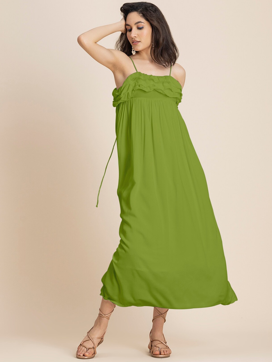 

Moomaya Shoulder Straps Sleeveless Maxi A-Line Dress, Olive