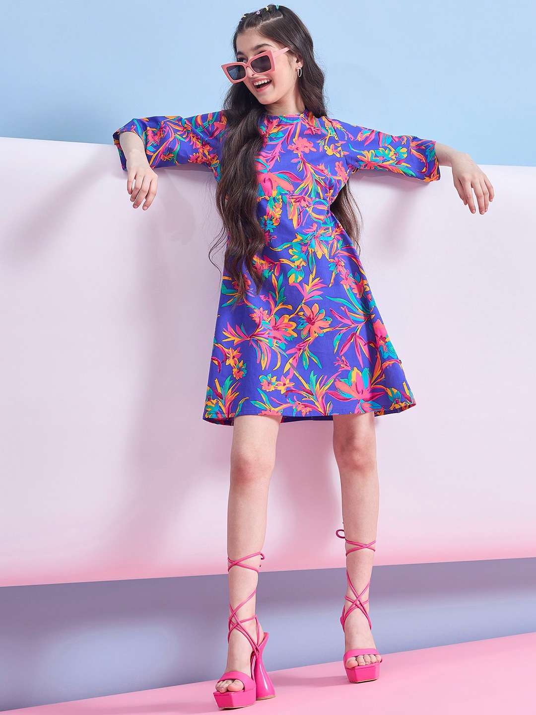

Stylo Bug Girls Floral Printed Fit & Flare Dress, Blue