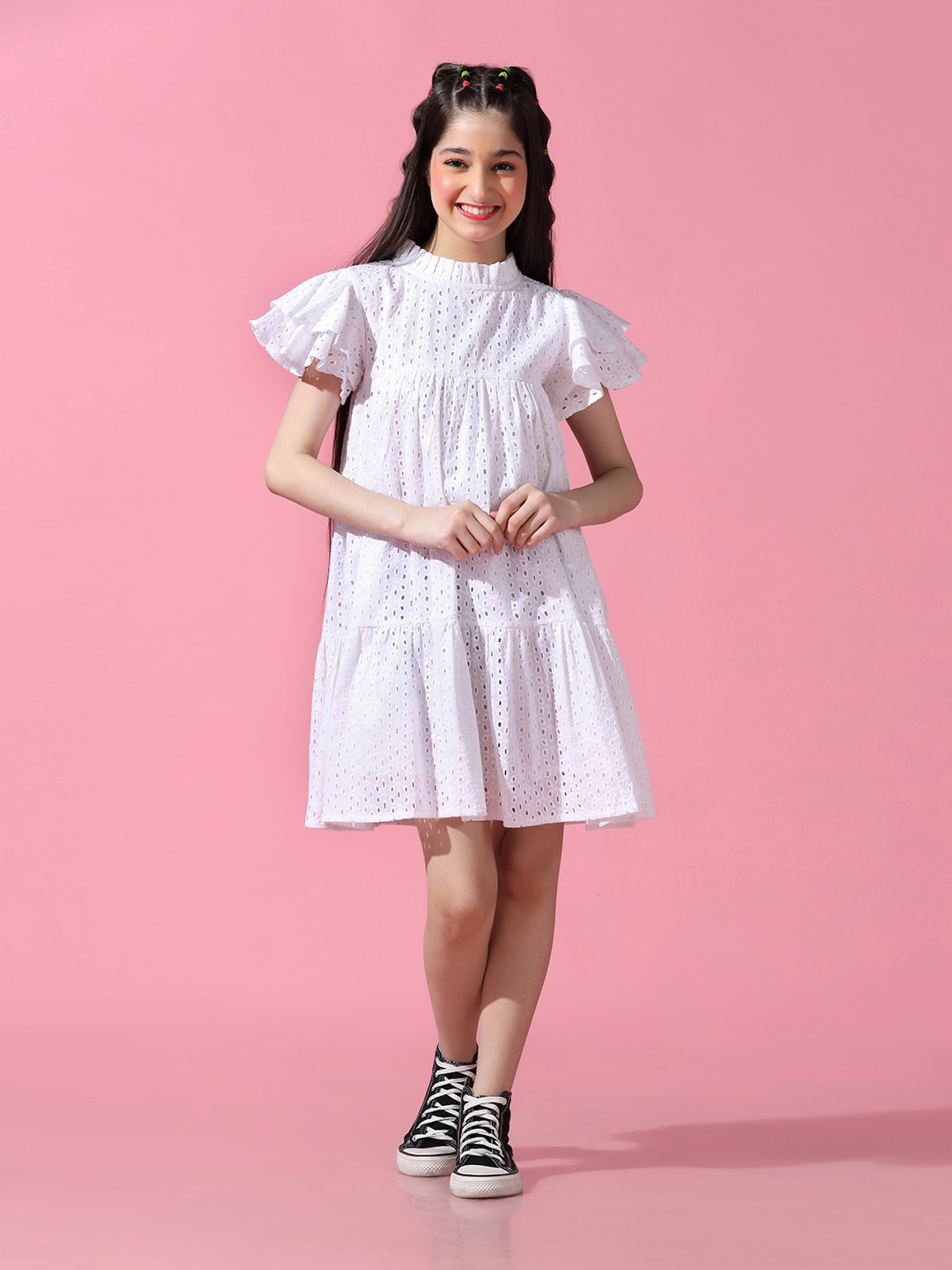 

Cherry & Jerry Girls Round Neck Schiffli Cotton A-Line Dress, White