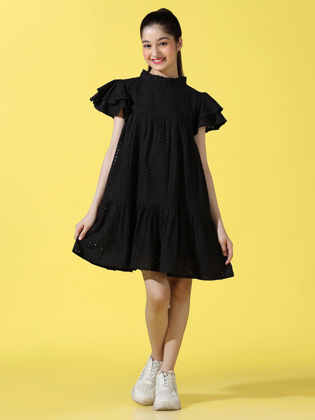 

Cherry & Jerry Girls Round Neck Schiffli Cotton A-Line Dress, Black