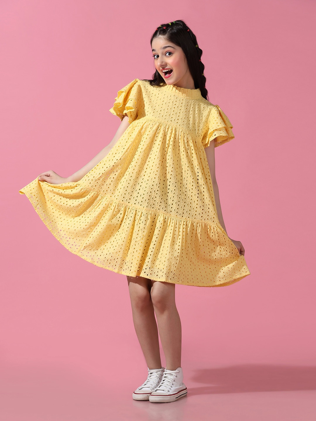 

Cherry & Jerry Girls Self Design Flutter Sleeves Schiffli Cotton A-Line Dress, Yellow