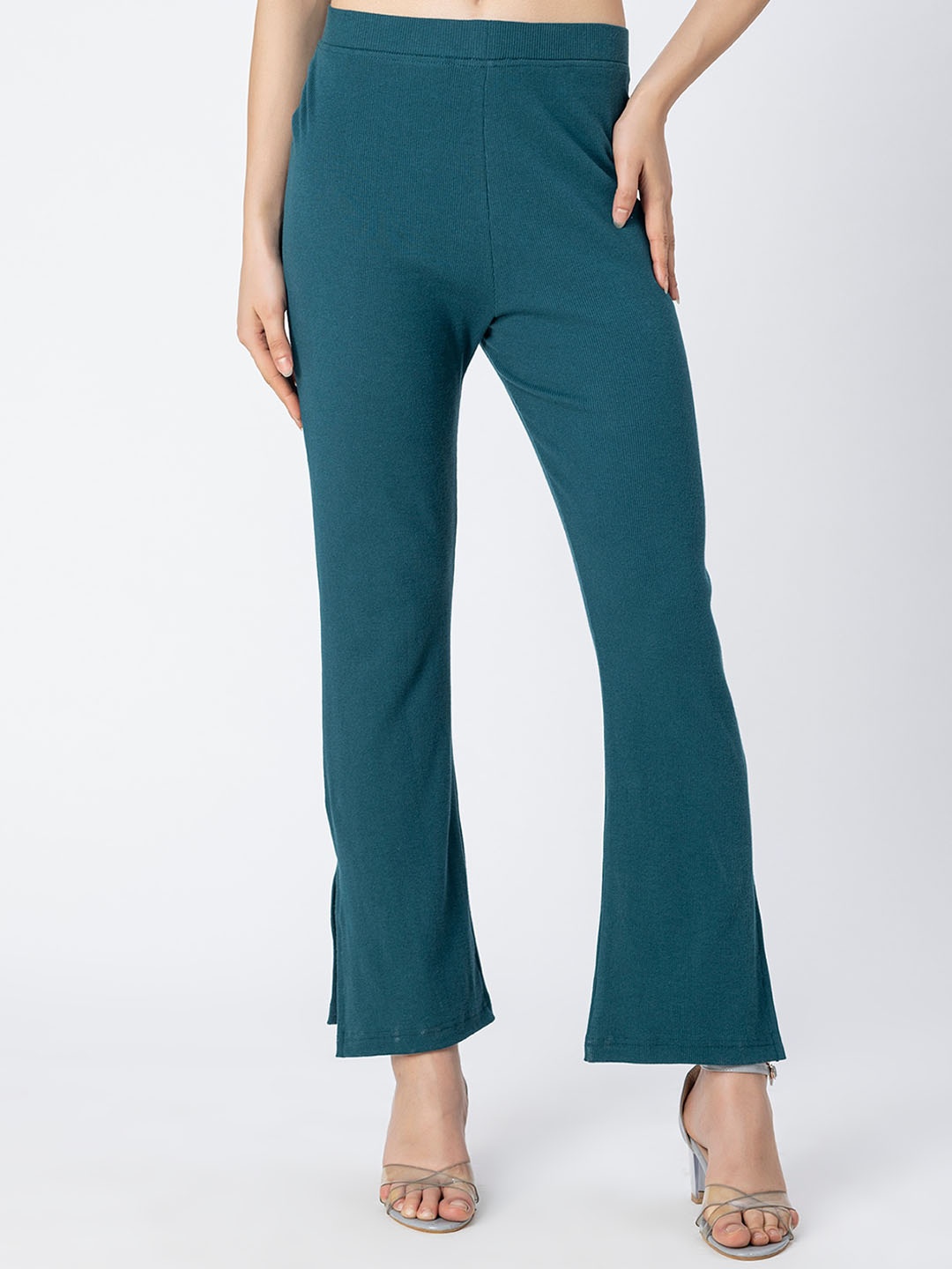 

Moomaya Women Plain High-Rise Cotton Bootcut Trousers, Teal